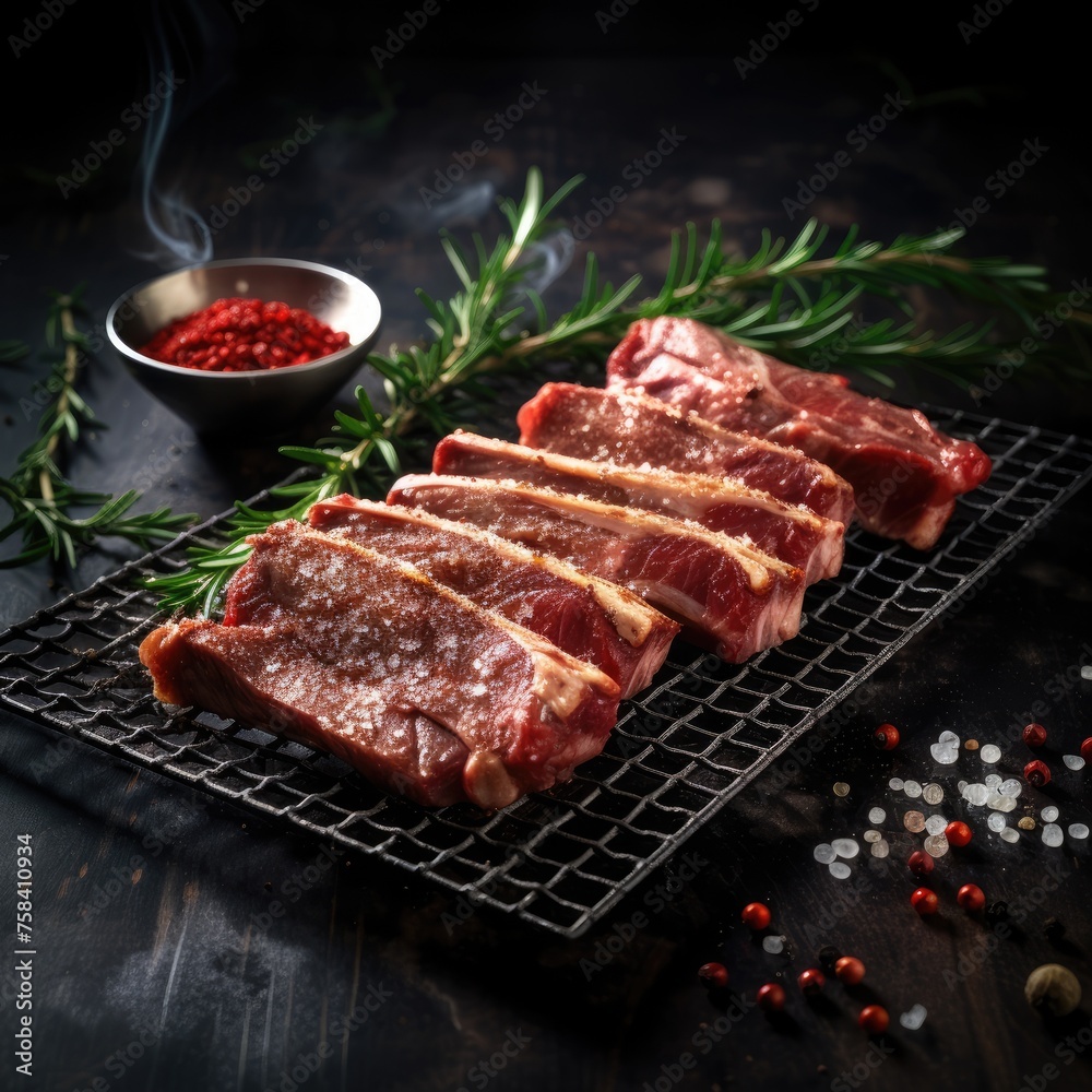 Raw fresh meat on a metal baking tray with grill grate,darck background,closeup