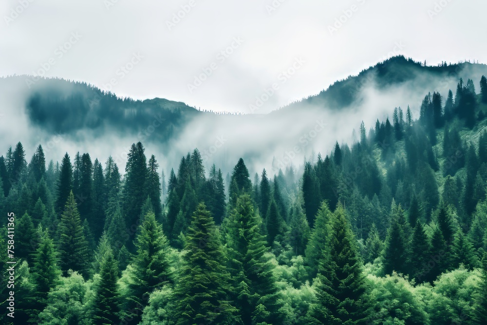 Misty forest landscape with lush green trees and mountains in the distance, creating a peaceful and serene atmosphere. Perfect for nature and travel themed projects.