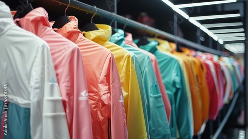 sportswear colorful jackets on hangers