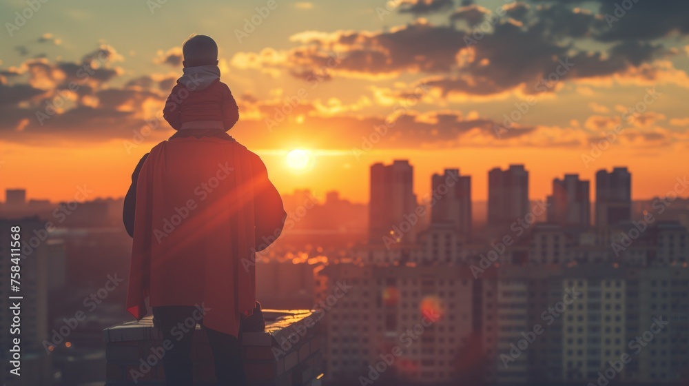 Superhero Father with Child Enjoying Sunset in City