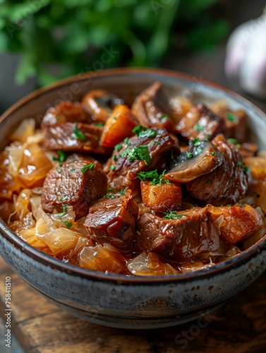 Stewed sauerkraut with cooked meat bites polish athentic bigos