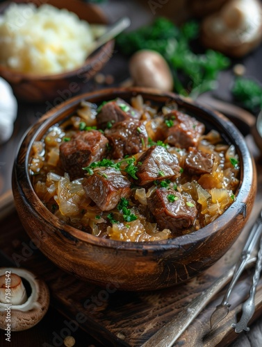 Stewed sauerkraut with cooked meat bites polish athentic bigos