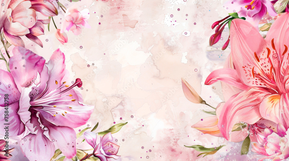 A meticulously detailed painting of pink flowers set against a clean white background, with the blooms rendered in vibrant pink shades. Banner. Copy space.