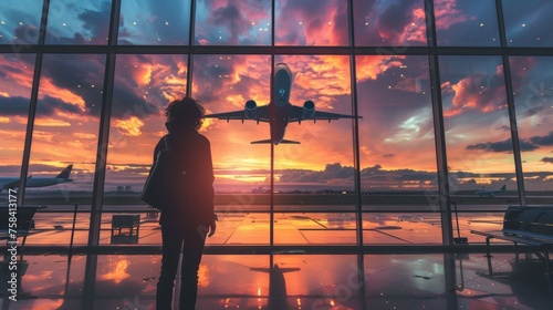 silhouette of a person, airport, plane takes off