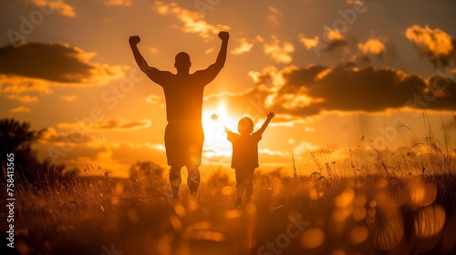 Silhouetted Father and Child Celebrating Together at Sunset