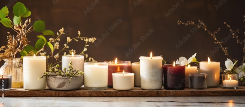 A collection of candles in glass holders sit on a wooden shelf in a dark room, creating a cozy atmosphere. This still life photography captures the beauty of interior design with candlelight
