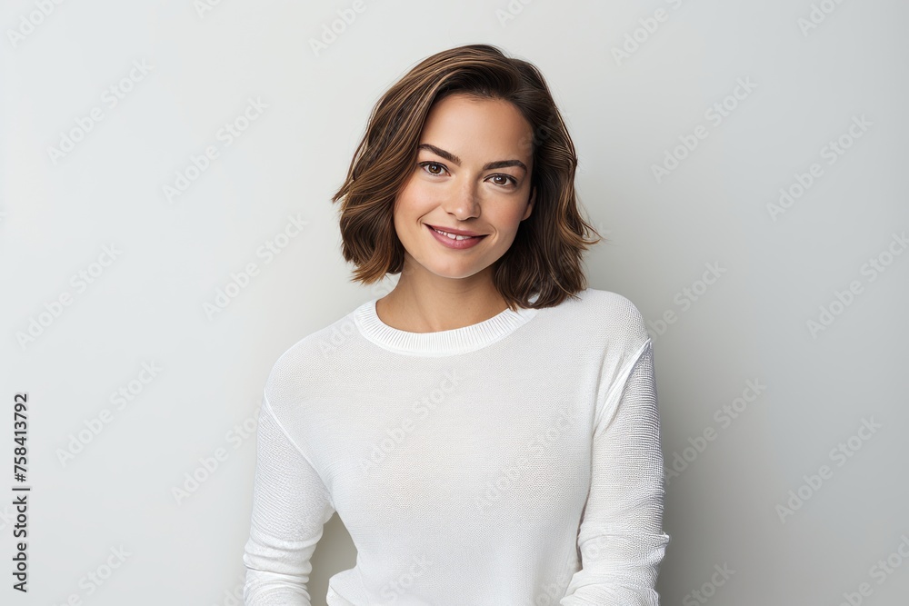 Portrait of beautiful young woman in white sweater, looking at camera and smiling. Portrait of beautiful young woman in white sweater, looking at camera and smiling.