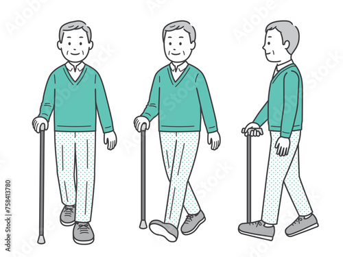 杖をついて歩く高齢男性の全身イラスト
