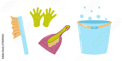 Cleaning service supplies and cleaning product set. Bucket brush gloves and dustpan. Chemicals and equipment for sanitary treatment. For poster cleaning company household chemicals store. Vector.