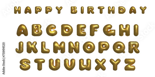 3D letters the English alphabet Y2K style. Font bubbles. Happy birthday golden metal. Letters for Holiday Birthday party.
