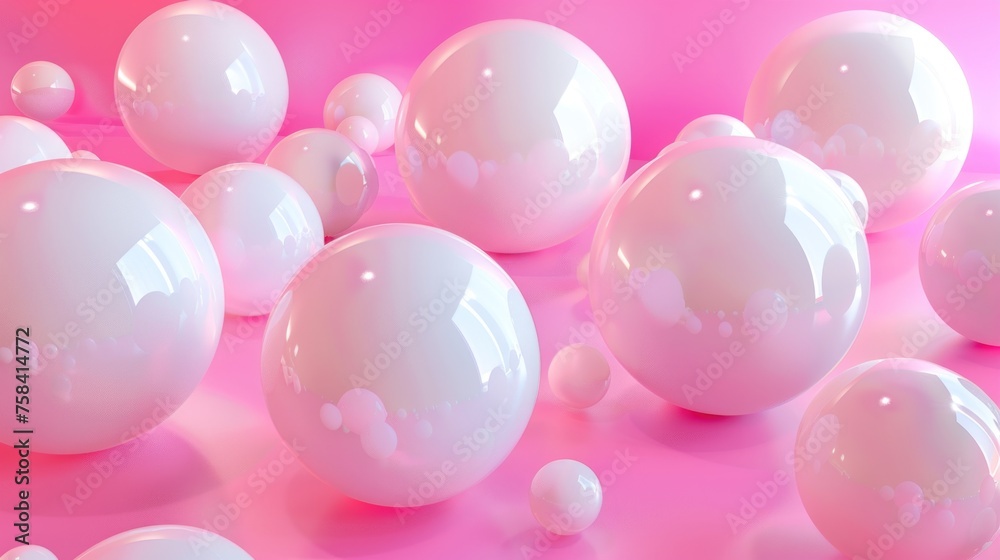3D Illustration group of white and pink spheres isolated on pink background. AI generated image