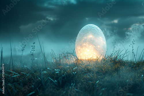 Magic glowing blue egg with sparkles and mysterious haze on mourning spring field. Dragon or other creature egg. Easter symbol. Fantasy illustration for background, banner, card, poster photo