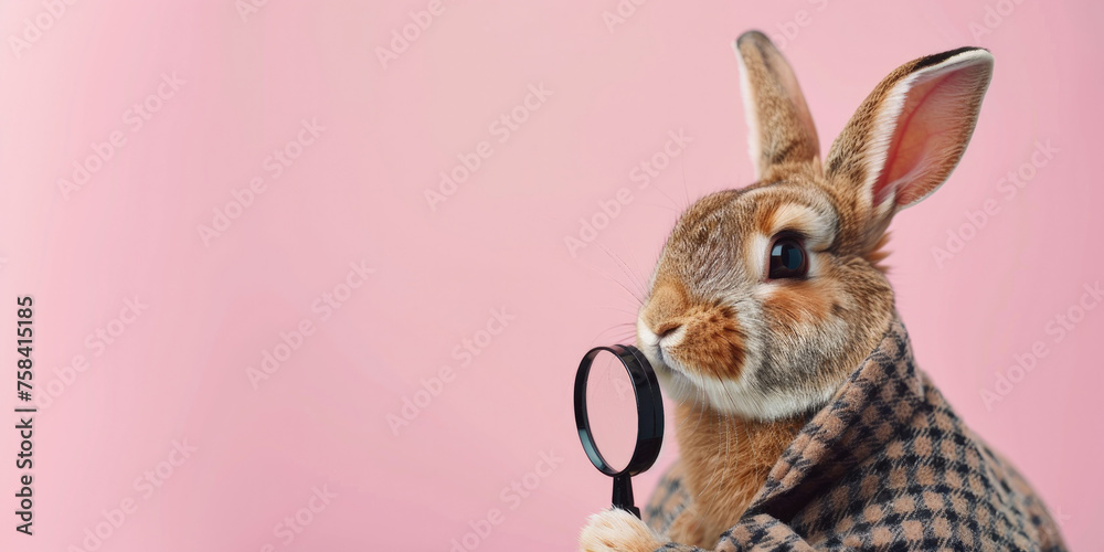 Easter Bunny with a Magnifying Glass on a Pink Background with Space for Copy - obrazy, fototapety, plakaty 