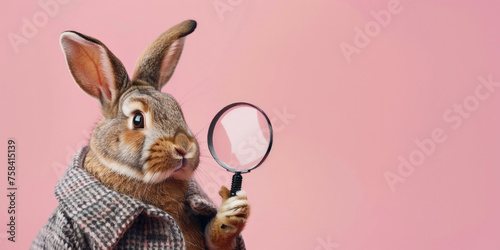 Easter Bunny with a Magnifying Glass on a Pink Background with Space for Copy