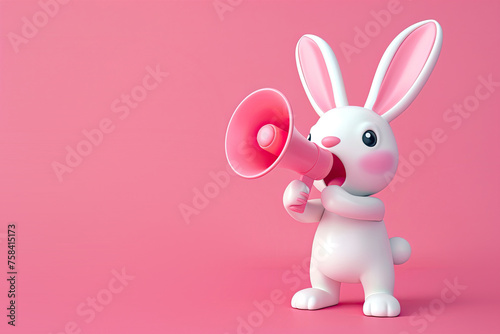 Cute Cartoon Easter Bunny with a Megaphone on a Pink Background