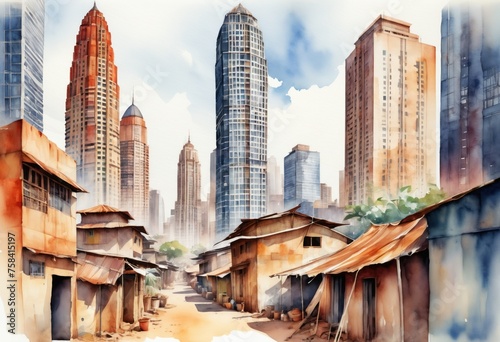 African cityscape with a blend of traditional and modern architecture. Watercolor illustration. Africa day. #758415197
