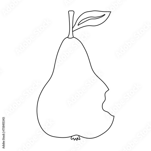 Fresh pear with leaf, nibbled from one side, doodle style flat vector outline for coloring book