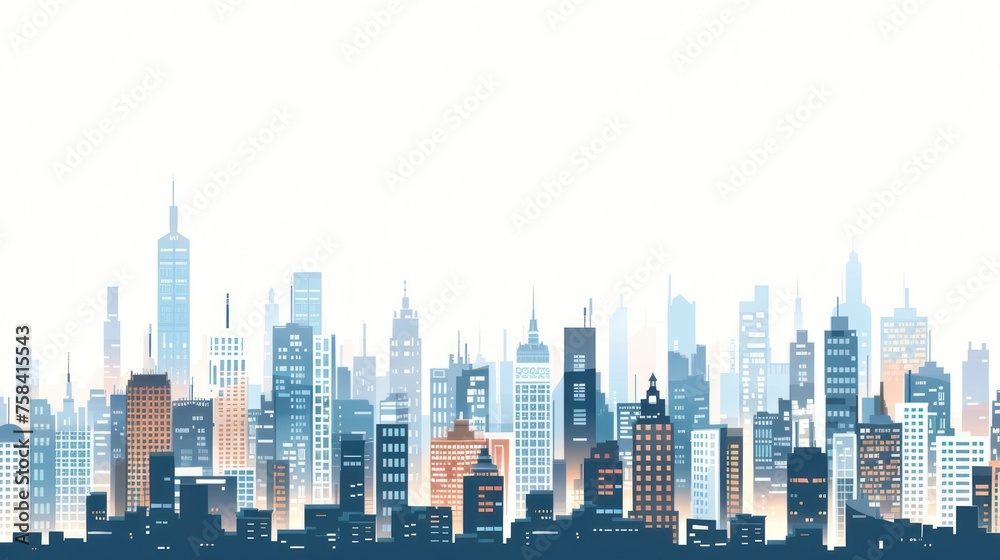 Illustration of colorful city buildings landscape with flat style on white background. AI generated