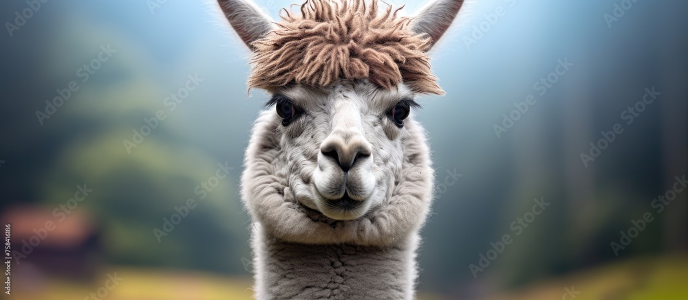 Fototapeta premium A llama, a terrestrial animal closely related to the alpaca, with a fluffy coat and distinct jaw structure, is staring into the camera in a grassy grassland landscape under a clear sky