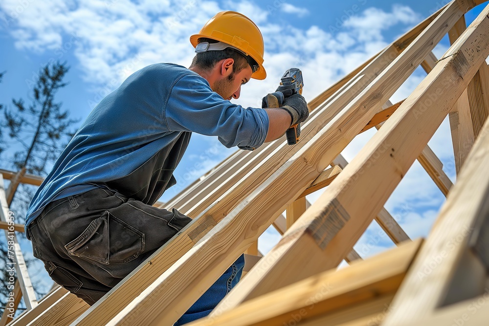A man in a hard hat working diligently on a wooden structure.