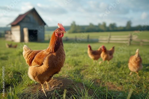 Group of chickens standing on top of a vibrant green field on a sunny day.