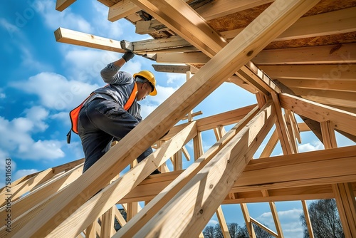 A carpenter is busy working on intricate roof trussing on a construction site.