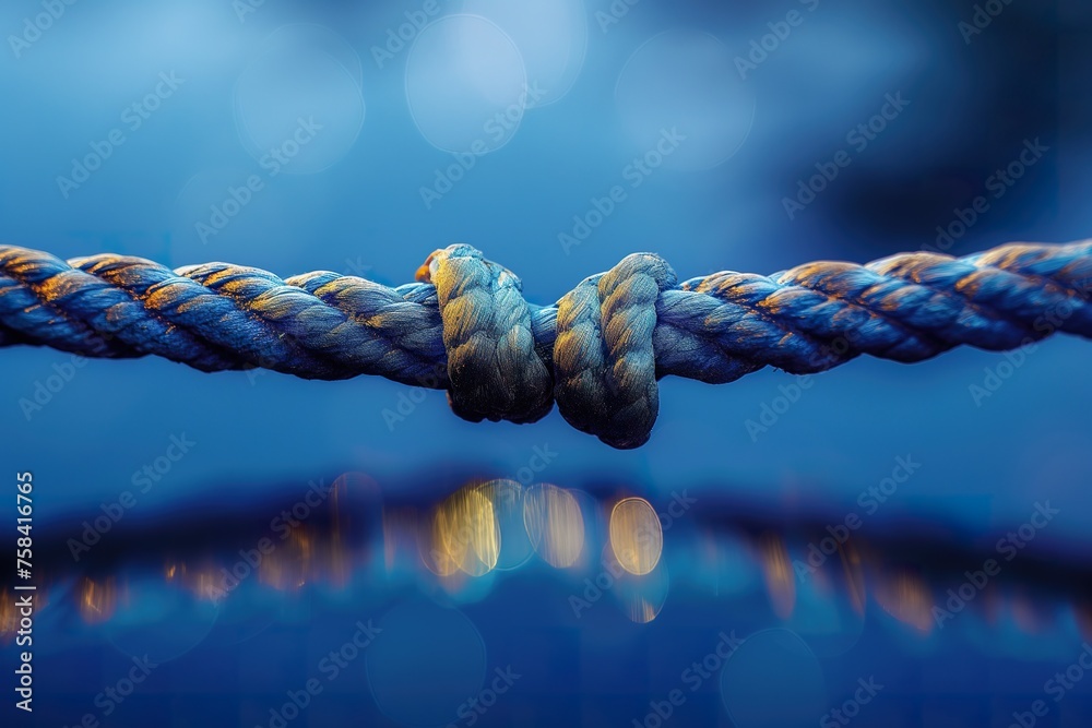 Detailed view of a rope with a blurred blue background. - obrazy, fototapety, plakaty 