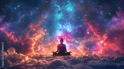 Universe, cosmos. Meditation background, chakras, prana, the mind of God and spirituality, buddha statue in the night Universe cosmos meditation background, Generative Ai