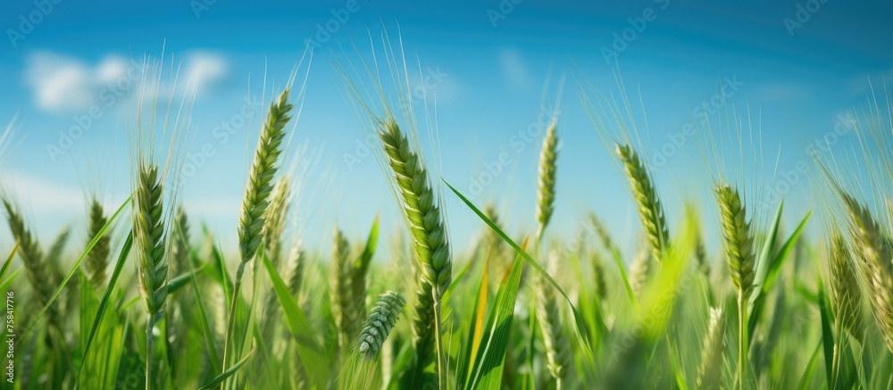 Agricultural field of Khorasan wheat swaying in the wind, set against a clear blue sky, creating a picturesque natural landscape of grassland Agricultural field of Khorasan wheat swaying in the wind, set against a clear blue sky, creating a picturesque natural landscape of grassland