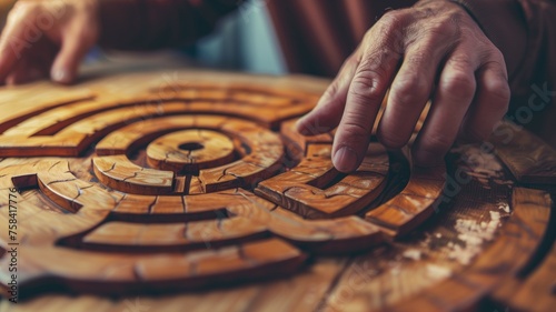 Hands of a craftsman carefully assemble a circular wooden labyrinth puzzle on a rustic table