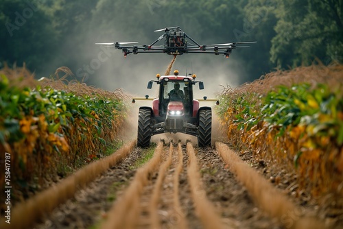 A modern harvester tractor is driving through a vast corn field, accompanied by a quadcopter for precision farming.