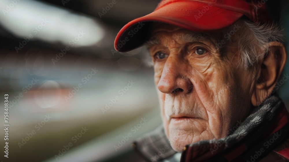 A pensive elderly man in a red cap gazes into the distance, his face telling a story of experience and contemplation A pensive elderly man in a red cap gazes into the distance, his face telling a story of experience and contemplation