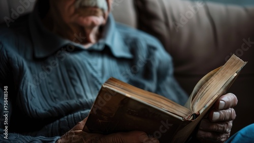 Elderly man engrossed in reading an old book indoors
