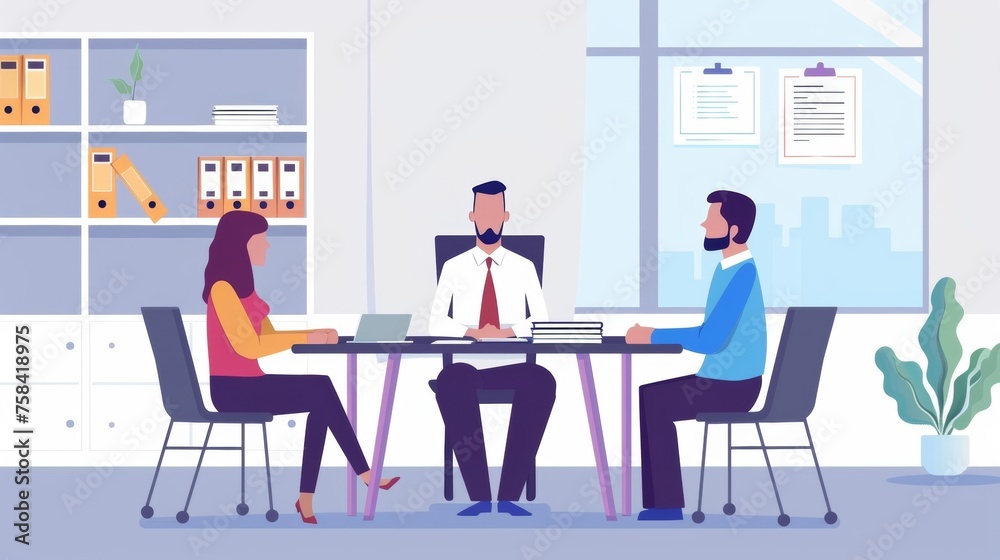 In a conference room a mediator sits at the head of the table while two parents sit on either side discussing potential visitation schedules. A stack of documents sits in In a conference room a mediator sits at the head of the table while two parents sit on either side discussing potential visitation schedules. A stack of documents sits in