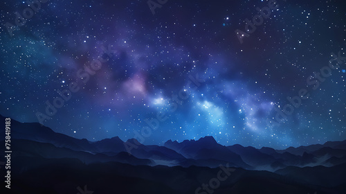This captivating image portrays a serene and mystical nightscape. The upper part of the image features a night sky adorned with stars of varying sizes photo