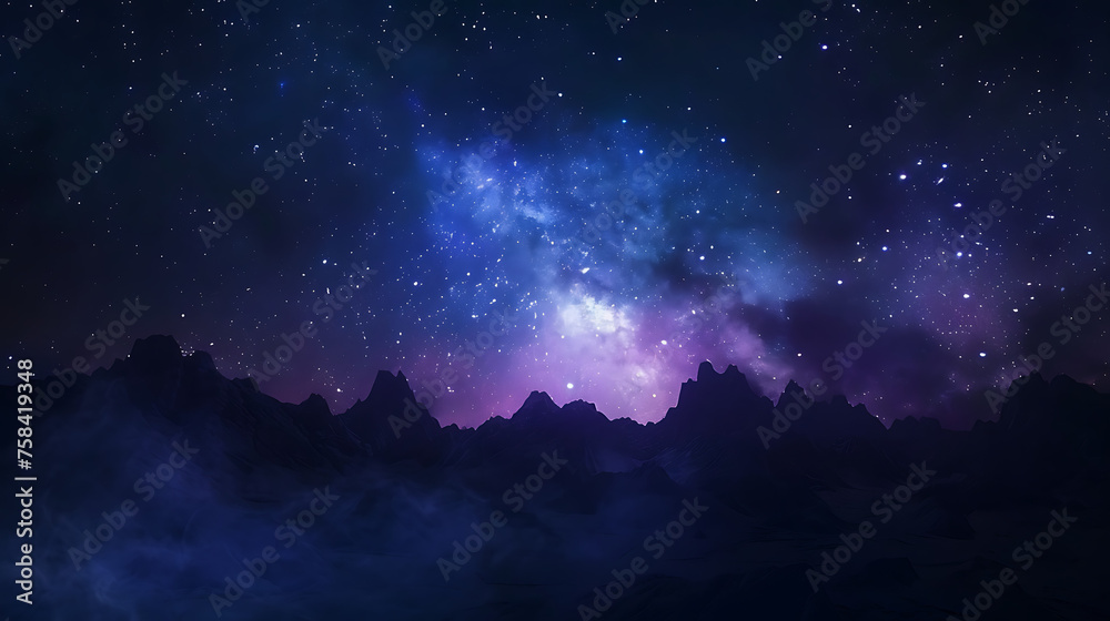 This captivating image portrays a serene and mystical nightscape. The upper part of the image features a night sky adorned with stars of varying sizes - obrazy, fototapety, plakaty 