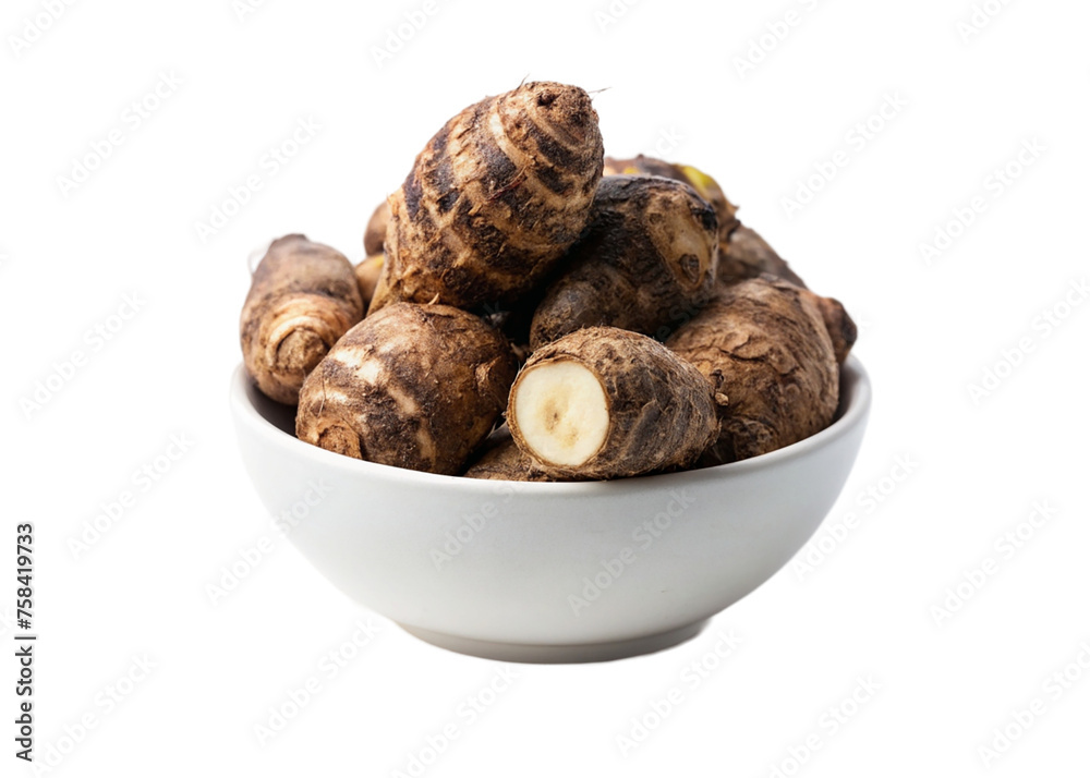 Taro root in a white bowl. isolated on transparent background. Taro root in a white bowl. isolated on transparent background.