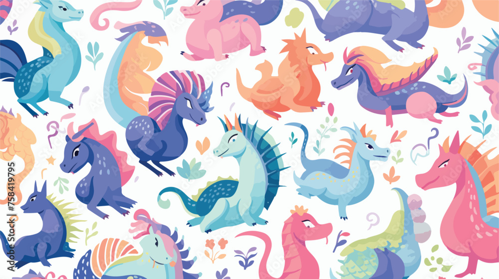A pattern of mythical creatures like unicorns dragon