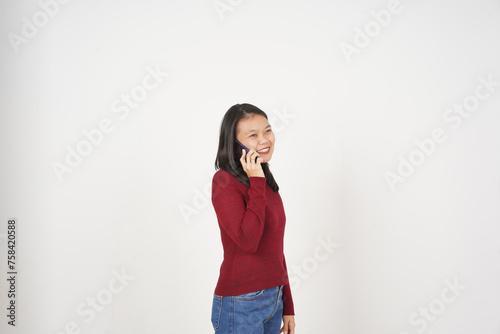 Young Asian woman in Red t-shirt Make a phone call with smartphone isolated on white background