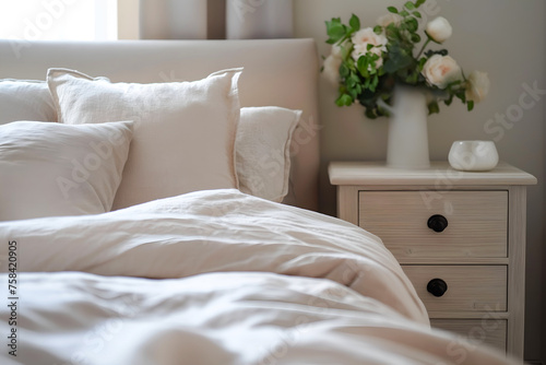 Close-Up Of Bedside Cabinet Near Bed With Beige Bedding, French Country Interior Design Of Modern Bedroom, 3d Render Real Room Template © Julian Adams