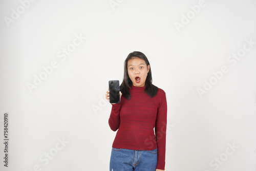 Young Asian woman in Red t-shirt Wow Shocked and Showing smartphone blank screen isolated on white background