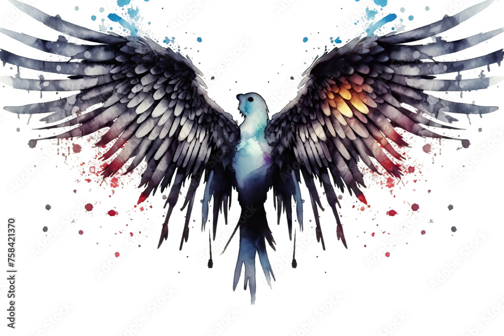 white colors paint various illustration style made part bird ink angel wings drips splatters background grunge isolated watercolor - obrazy, fototapety, plakaty 