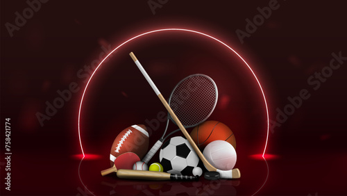 3d realistic balls for football, basketball, tennis, baseball and ping pong with hockey stick, puck and rackets on a red background in a neon frame.