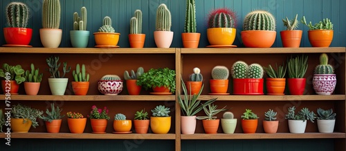 Various types of cacti adorn the shelves, showcasing different shapes, sizes, and colors. The creative arts of pottery are evident in the beautiful flowerpots holding these plants