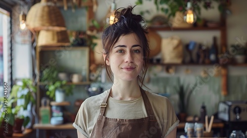 a woman in a brown apron blurred kitchen background ai generative images