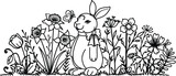 Easter bunny on the meadow of daffodils and whildflowers for printing, engraving and so on. Vector illustration.