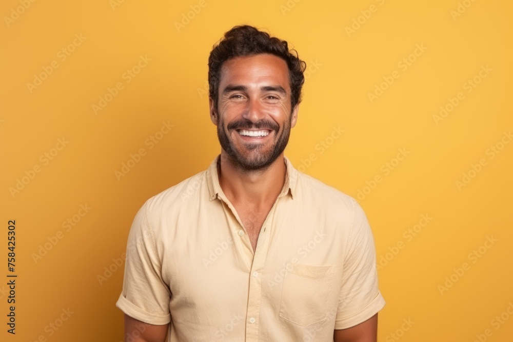 Portrait of a handsome man smiling and looking at camera over yellow background Portrait of a handsome man smiling and looking at camera over yellow background