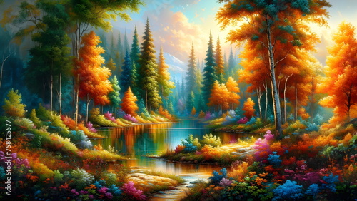 a painting of a colorful forest scene with a lake and trees