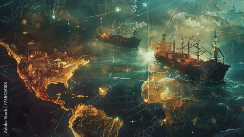 Trade routes connecting continents digital cargo ships