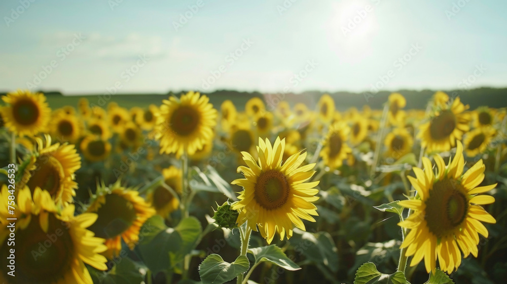 Obraz premium A field of blooming sunflowers with their bright yellow petals and sweet scent uplifting our moods and filling us with joy.